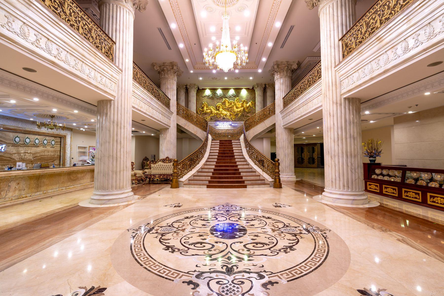 Mirror-polished marble floors in a grand foyer